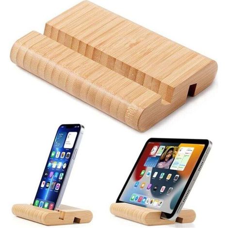 Support en bambou pour tablettes et téléphones, compatible avec iPhone, iPad, tablettes et tous les téléphones portables (grande taille). (1/4)