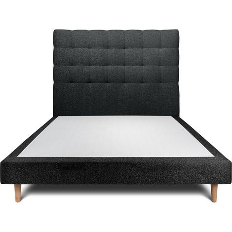 Lit 150x200cm avec tête de lit capitonnée bouclette et sommier tapissier Noir - Hauteur totale : 29cm (1/5)