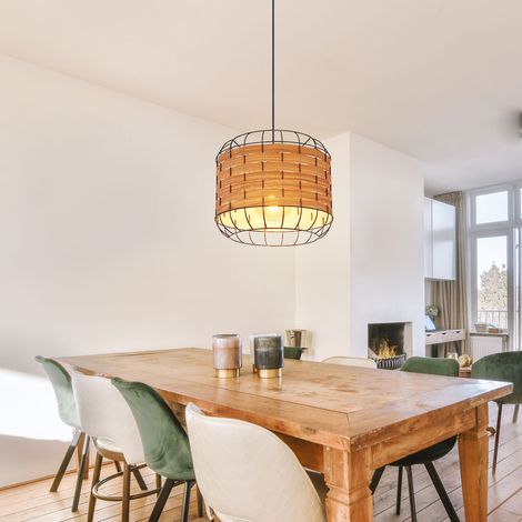 Pendellampe Esszimmerlampe Landhaus Holzoptik Hängelampe Gitterschirm, Metall, schwarz, matt, 1x E27 Fassung, DxH 35x120 cm (1/5)