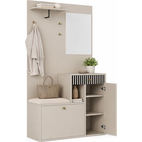 Garde-robe d'entrée avec miroir, banc rembourré, étagères réglables, crochets et rangements, meuble d'entrée MDF beige et crème, pratique 110 x 185,5 x 37 cm CHICFURN (1/5)