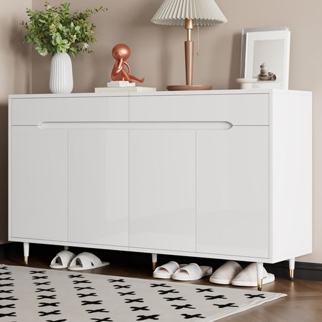 Meuble à chaussures-2 portes-2 tiroirs-étagères réglables-pieds dorés-18-24paires-chic-140x39x84cm (1/5)