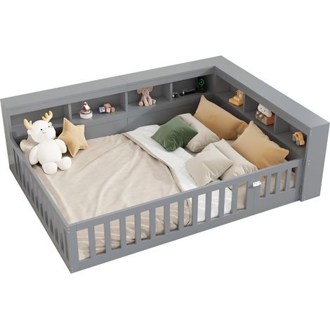 Lit banquette 140x190 avec rangement latéral, sommier à lattes, prise et ports USB, barrière extensible, structure en MDF et panneau de particules, gris  CHICFURN (1/5)