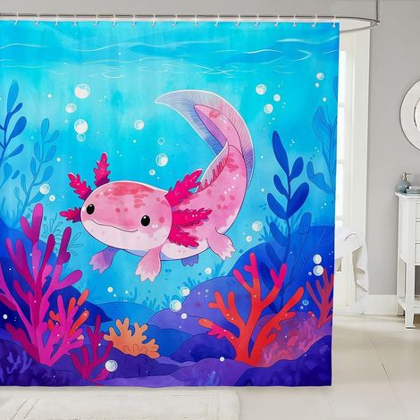 Rideau Douche 180x210cm Axolotl Mignon Rideaux de Douche Animal Océanique Rideau de Baignoire Algue Corail Rideaux Salle de Bain Faune Monde sous Marin - 180L X 210H cm (1 Panneaux) (1/5)