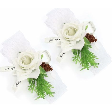 DEESSE SHOP - Corsages de Poignet pour Mariage - 2 Pièces Demoiselle d'honneur Soie Poignet Fleur Corsage de Mariée Cérémonie de Mariage Décoration (Blanc) (1/5)
