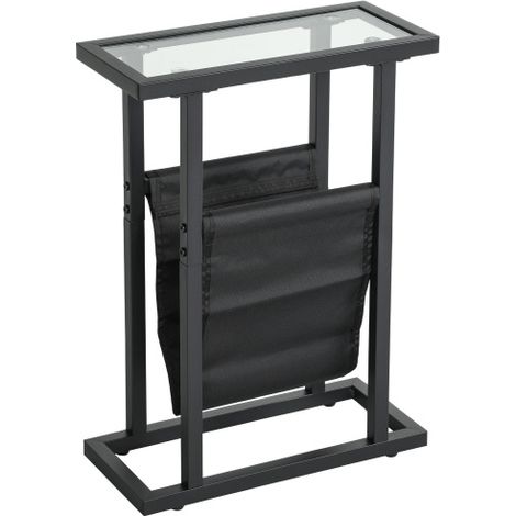 Table d'appoint / Table basse avec poche de rangement en tissu — Structure en métal, plateau en verre — Table de chevet pour salon et chambre — Noir (1/5)