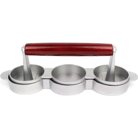 Presse à mini-hamburgers antiadhésive, 3 fentes, en fonte d'aluminium avec manche en bois, pour la préparation de petits steaks hachés au barbecue, 1 unité (1/5)