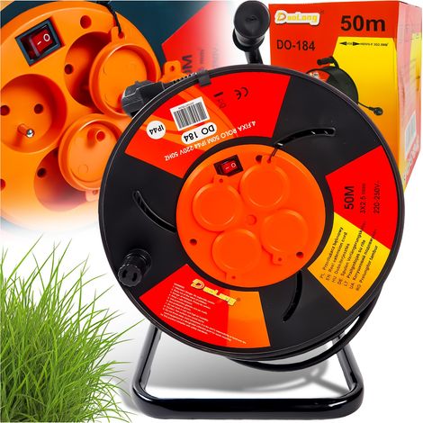 Rallonge électrique sur tambour 50 m – Câble 3 x 2,5 mm² – 4 prises avec protection IP44 – Enrouleur robuste pour chantiers et jardin (1/5)