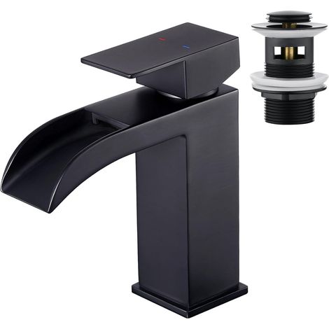 Robinet de Lavabo pour Salle de Bain cascade rectangulaire et Bonde Pop Up avec Trop Plein, Robinet Mitigeur Monocommande de Salle de Bain Carré en Acier Inoxydable Noir Mat. (1/5)