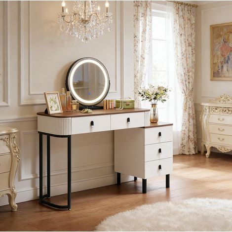 Toeletta 100x40x125 cm bianco e marrone in legno massello e metallo con specchio LED dimmerabile e 5 cassetti (1/5)