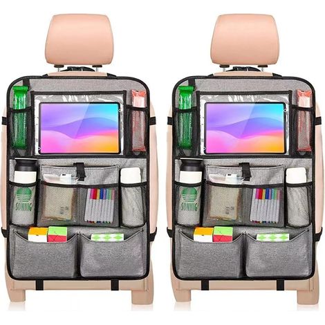 Organisateur de siège auto, lot de 2 organisateurs de siège arrière pour enfants, protection de siège arrière, accessoires de voyage avec support pour tablette et 9 poches de rangement, gris