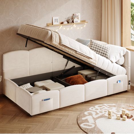 Bett multifunktional 90x200 cm in Samt Beige, mit hydraulischem Stauraum, USB-A/USB-C und Seitentaschen (1/5)
