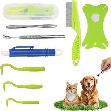 Kit de 8 pièces pour retirer les tiques : pince à tiques, peigne anti-tiques, crochets anti-puces et anti-tiques, boîte de rangement, pince à tiques, peigne anti-puces et loupe. Convient aux chiens, c (1/5)