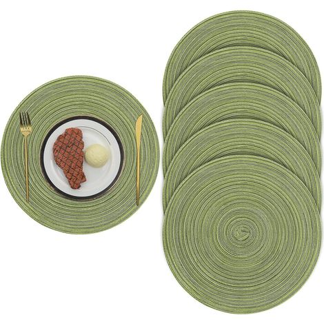 Set di 6 tovagliette intrecciate, rotonde da 38 cm, lavabili, antiscivolo e resistenti al calore (verdi) (1/5)