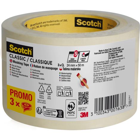 2 lots de 2 rubans de masquage Scotch® Classic, 24 mm x 50 m, soit 6 Rouleaux, 70% PEFC, SGSCH-PEFC-COC-110078