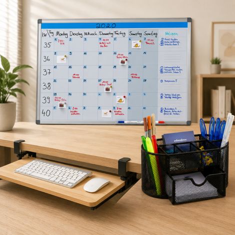Set de productividad para oficina en casa (3 piezas): planificador con pizarra blanca, organizador de malla y bandeja para teclado (1/5)