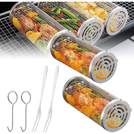 Paniers Griller – Lot 7 – Acier Inox – Cylindriques – Crochet – Légumes/Frites/Poisson – BBQ Extérieur (1/5)