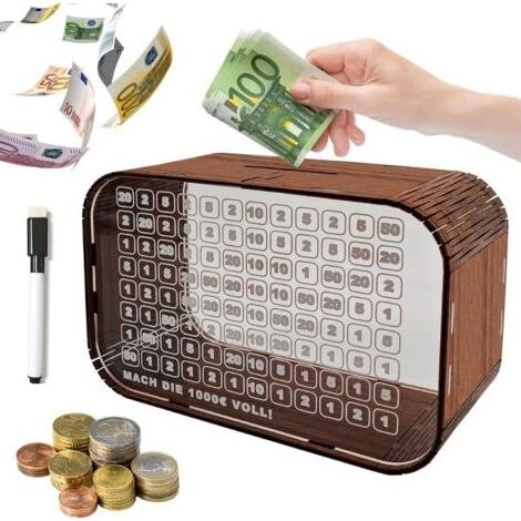 Transparente Acryl-Holz-Spardose mit Zielzahlen - Mit abwischbarem Stift für das Spargewicht - Geeignet für Erwachsene und Kinder (1/5)