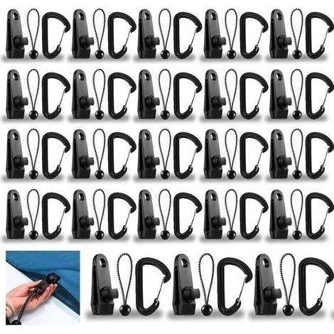 Lot de 60 clips pour bâche de tente, 20 pinces de verrouillage pour bâche + 20 tendeurs élastiques noirs + 20 mousquetons pour fixation de bâche d'auvent, toile d'ombrage de camping, bâche de pi (1/4)
