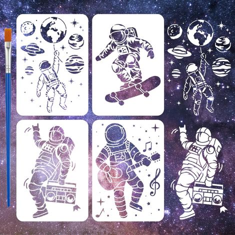 4Pcs Pochoirs D'Astronaute Avec 1 Pinceau en Plastique 21x29.7cm Pochoir Homme de Espace Pochoir Planète Pochoir Thème Science-Fiction pour Peindre sur Du Bois Toile Tissu Murs Meubles (1/5)