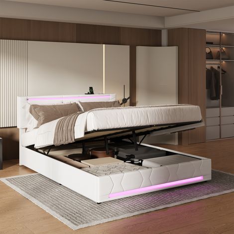 JOOKGBD‑Letto contenitore 140x190cm letto matrimoniale in tessuto lino beige, striscia LED RGB testiera e telaio, porte ricarica USB‑Type‑C, spina UE, telaio rinforzato (1/5)