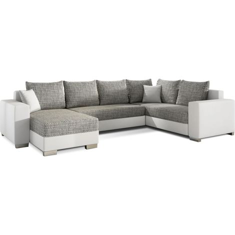 Canapé U convertible tissu gris chiné et simili blanc coffre de rangement à gauche Marry 321cm (1/5)
