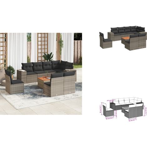 9-tlg. Garten-Sofagarnitur mit Kissen Grau Poly Rattan - Gartenmöbel Set - PE-Rattan Möbel - Outdoor Lounge - Esstisch Set - Balkonmöbel (1/3)