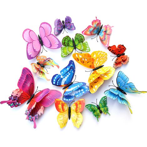 Lot de 12 autocollants muraux 3D papillons double couche en PVC, décorations murales magnétiques pour foyer et fête, couleurs mélangées (1/3)