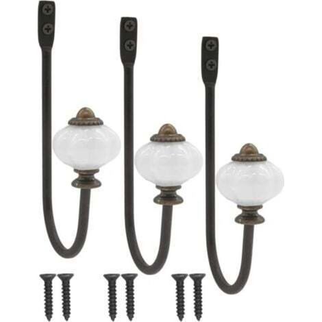 Patères murales vintage lot de 3 en fer forgé avec tête en céramique et finition laiton – style campagnard rustique (1/5)