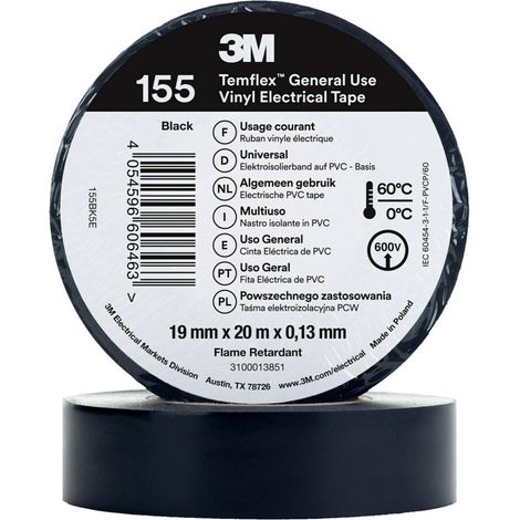 Ruban isolant vinyle noir 20m x 19mm x 0.13mm – Pour applications électriques – Résistant à l'humidité et aux produits chimiques