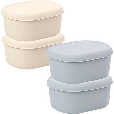 Lot de 4 boîtes de conservation en silicone 200 ml, boîtes à goûter et lunchbox étanches, compatibles micro-ondes et réutilisables, pour école et travail, beige et gris (1/5)