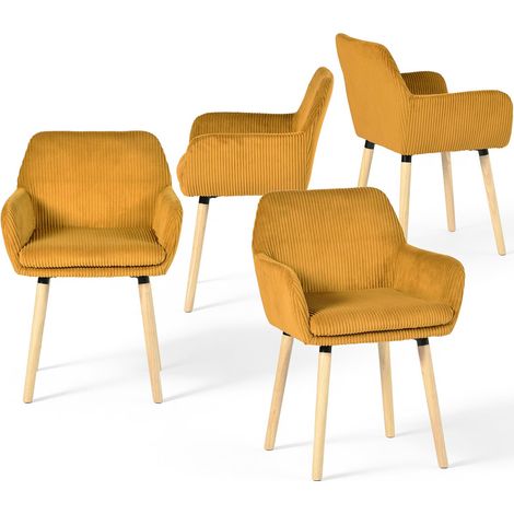 Meuble Cosy Chaises de Salle à Manger Scandinave Lot de 4, Fauteuil Rembourrée en Velours Côtelé, Pieds en Bois, pour Cuisine Salon Chambre, Jaune (1/5)