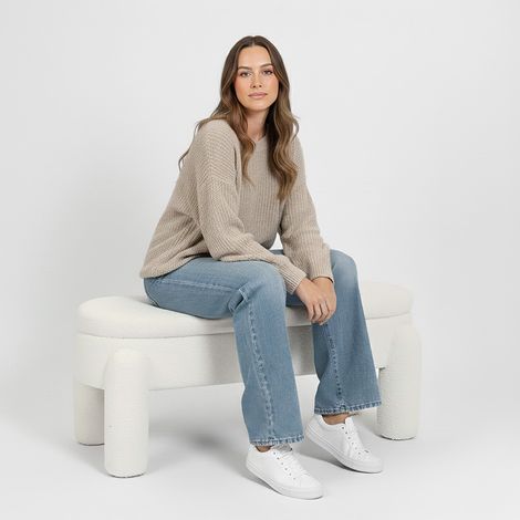 Banc Avec Rangement Rembourré En Tissu Bouclé Blanc Cassé – Assise Moderne Pour Salon Et Chambre - Boreta Blanc