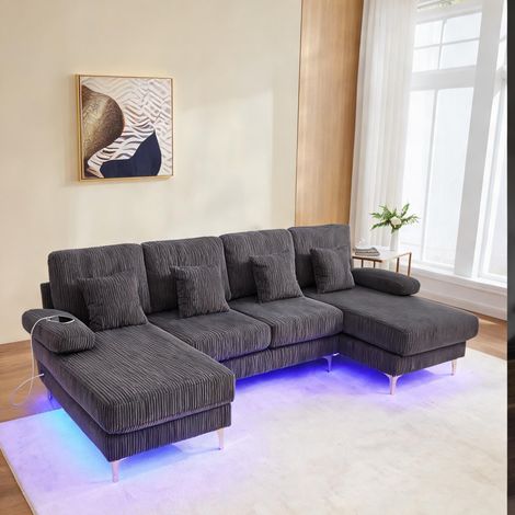Canapé d'angle U gris en velours avec LED et USB-C (1/5)