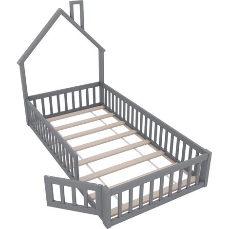 Lit maison, 90 x 200 cm, lit enfant en forme de cheminée, lit avec sommier à lattes (sans matelas), bois de pin, style minimaliste, gris (1/5)