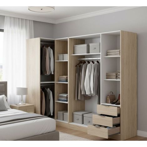 Dmora - Armario Dmezzan, Mueble de esquina para dormitorio, Armario de esquina con 5 puertas batientes, 214x91h184 cm, Roble (1/5)