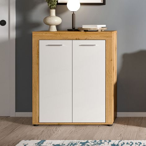 Meuble à chaussures 2 portes 80x35x95 cm blanc décor en chêne - JAMO (1/5)