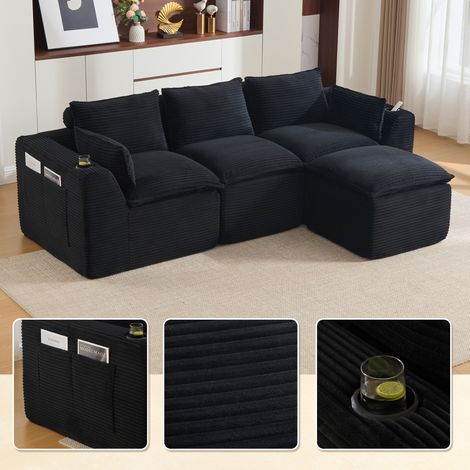 REDOM - Sofá modular de 3 plazas con puff, cojines y bolsillos laterales, asiento de espuma con muelles, pana negra (1/5)