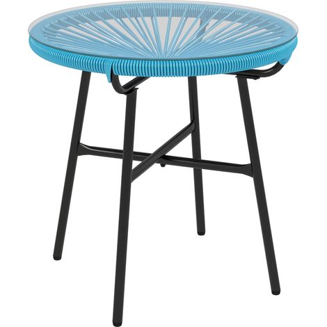 Runder Garten-Couchtisch aus Harz, Rattan und Metall, Tischplatte aus gehärtetem Glas Ø 50 cm, Höhe 50 cm, Designer-Gartenmöbel, moderner Garten-Lounge-Tisch, Terrassen- und Balkonmöbel.
