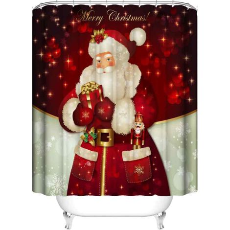 Ensemble rideau de douche et tapis de sol avec motif Père Noël et bonhomme de neige imprimé numérique, imperméable, en polyester. Ensemble de quatre pièces. (1/5)