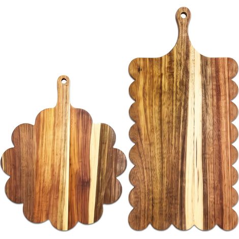Set de 2 Planches à Découper en Bois d'Acacia,Planche a Decouper Bois avec Poignée,Pour Charcuterie,Fromage,Pizza,Viande,Fruits,Planche à Découper Design (1/5)
