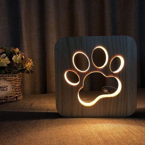 Veilleuse de nuit USB en bois sculpté motif 3D patte d’animal Griffe pour chat (1/3)
