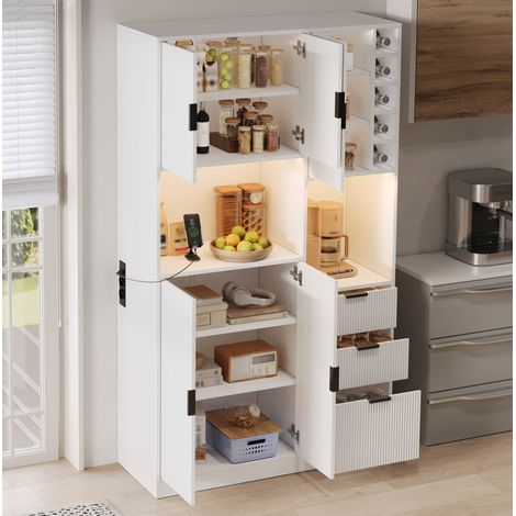 Aparador de cocina alto 180 cm con LED, estantes ajustables, botellero y USB-C, MDF blanco - 5 puertas, 3 cajones (1/5)