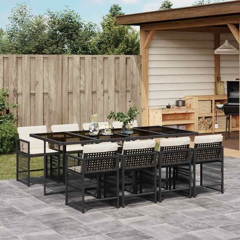 Ensemble de Jardin en Résine Tressée Noir 9 Pièces avec Table en Verre Trempé et Chaises Dossier Rabattable 220x106 cm (1/5)