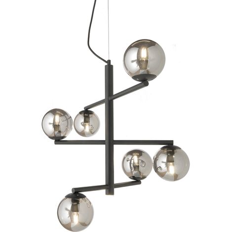 Lampada a sospensione GIZAH a 6 luci in metallo D76 cm con diffusori in vetro soffiato NERO (1/2)