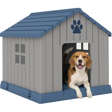 Niche pour Chien extérieur en polypropylène imperméable, ventilé, Facile à Assembler, Maison Chien extérieur, Plancher surélevée et bouches d'aération, Jardin, terrasse, intérieur, Gris (1/5)
