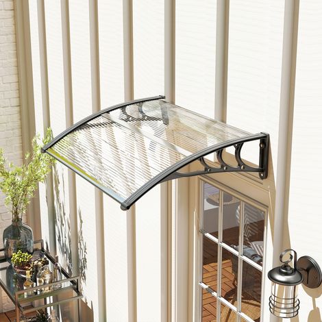 Tenda da sole per porta d'ingresso Outsunny, tettoia per porta esterna in policarbonato e alluminio resistenti, riparo da pioggia e raggi UV per patio e balcone, 100 x 75 cm, trasparente.