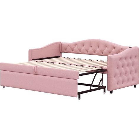 Divano letto 215x96.5x74 cm, multifunzionale, con porta USB, stile classico, lino, rosa (1/5)