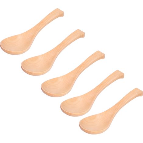 Lot de 5 cuillères à soupe en bois naturel avec crochet, style japonais, polies à la main. (1/5)