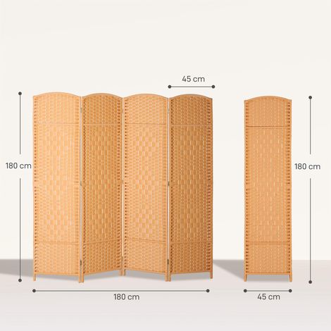 Paravent, cloison pliante en 4 parties, motif tissé, bois de pin, bois naturel (1/5)