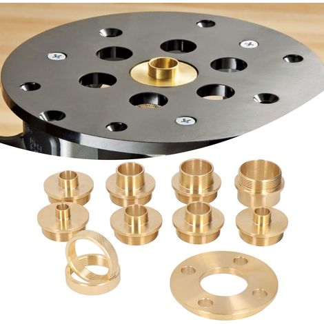Kit de 11 guides de gabarit en laiton massif pour défonceuses Rectification de précision CNC Ce guide de gabarit pour défonceuse comprend 8 guides, 2 écrous de blocage et un adaptateur. (1/5)